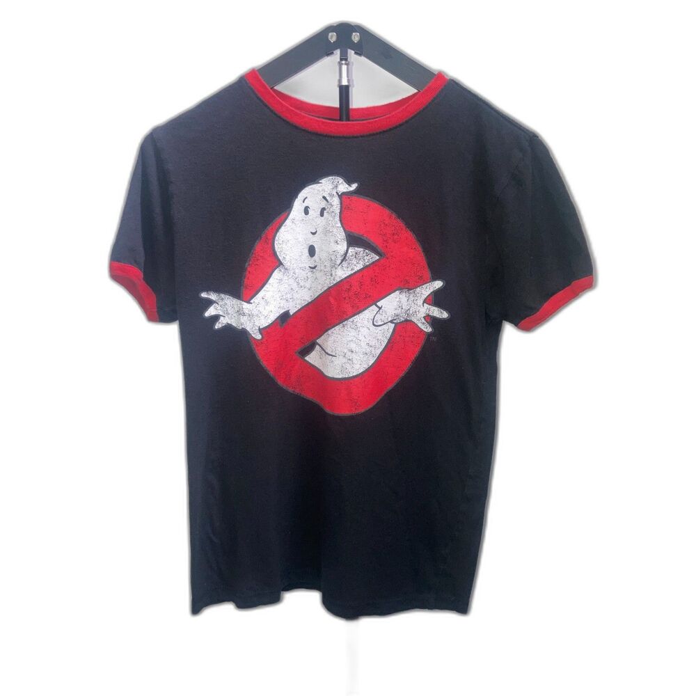 Ghostbusters Graphic Ringer Tee Shirt Black Red Womens XL Mad Engine Relaxed Fit